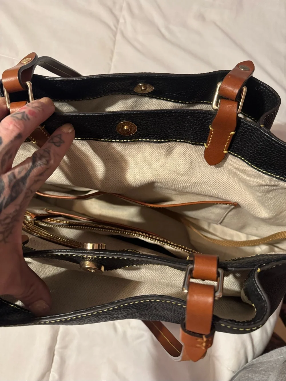 Dooney & Bourke Black Leather Tote with Brown Straps